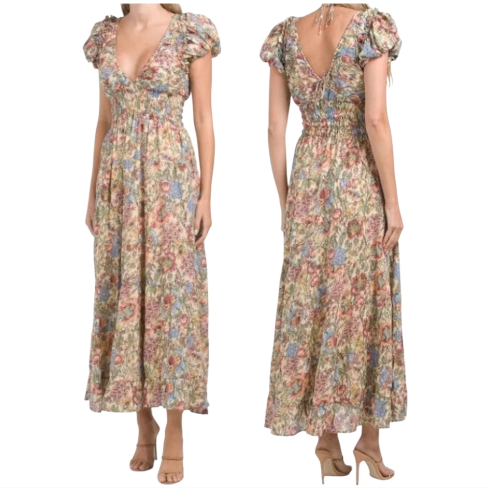 House Of Harlow 1960 Puff Sleeve V Neck V Back Cotton Gauze Puff Sleeve Dress S